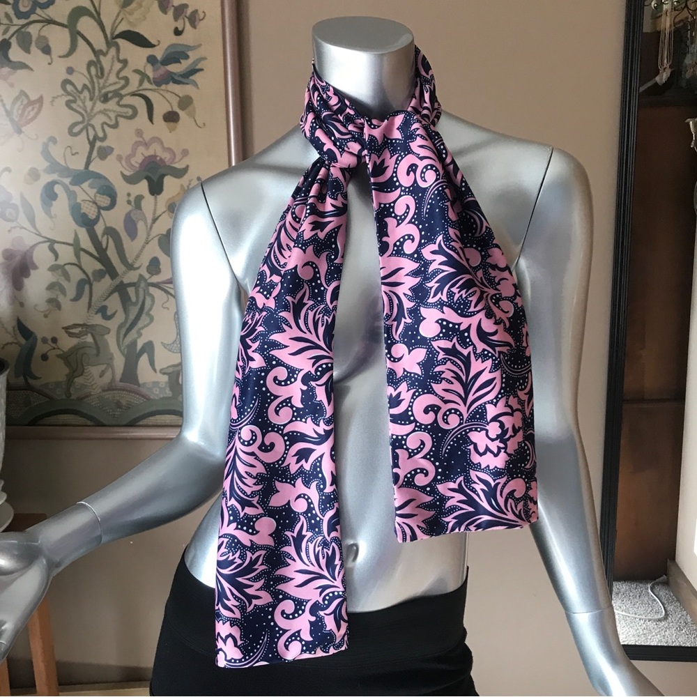 Navy Blue Pink Polka Dot Leaf Pattern Scarf Soft And Stretchy 8.5”x 55” - Picture 6 of 6